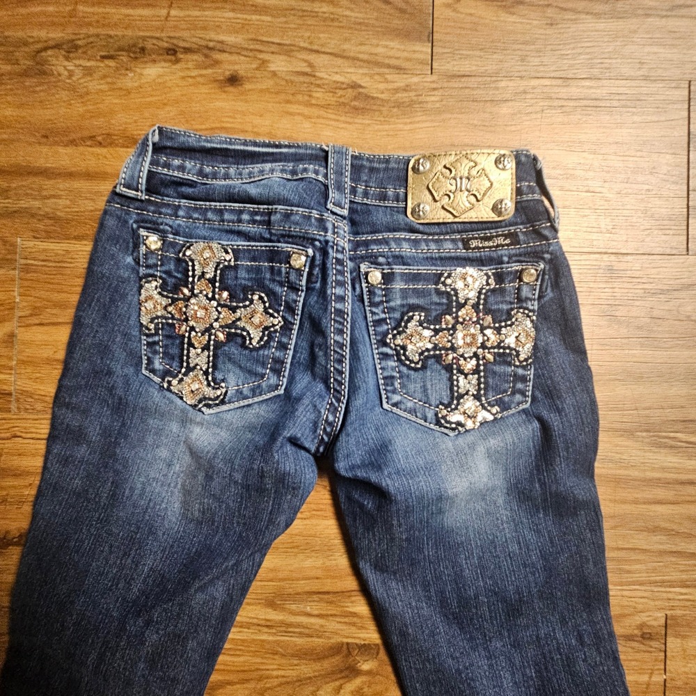 Miss Me Signature Skinny Jeans 25x30 Embellished Cross Rhinestone Dark Wash - Picture 6 of 8